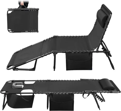 Vista 9 de Greesum Chaise Lounge Silla de bronceado plegable con respaldo ajustable de 5 posiciones, almohada desmontable y bolsillo exterior para piscina Negro
