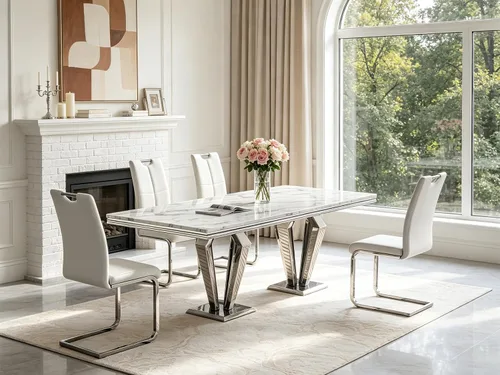 Vista 68 de 5 Piece Black Marble Dining Table Set for 4, Modern Faux Marble Kitchen Dining Room Tables with 4 Leather Chairs Set, 68.11" Luxury Rectangular