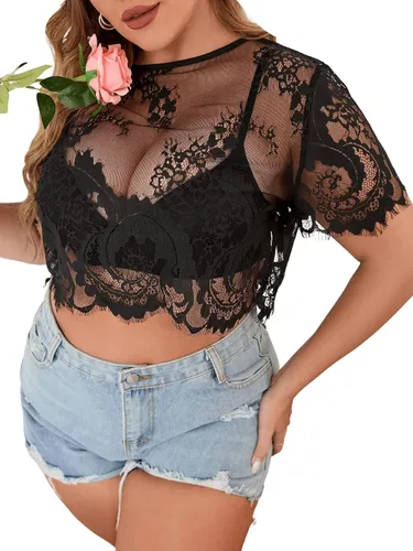 Vista 4 de Floerns Camiseta corta de manga corta de malla transparente para mujer, talla grande, sin brasier
