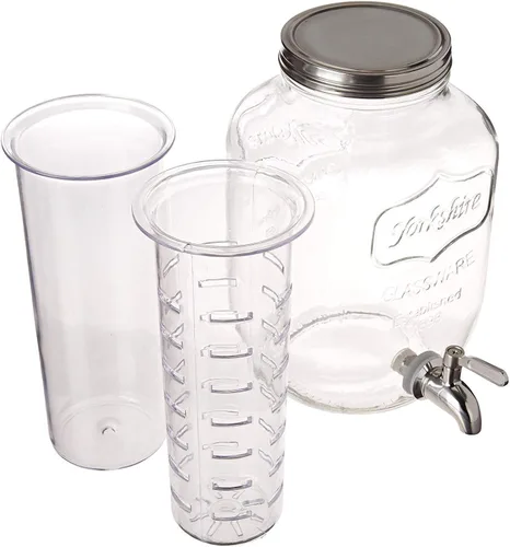 Vista 2 de Dispensador de bebidas de vidrio de 2 galones con infusores de hielo y frutas, espita de acero inoxidable y tapa de metal, dispensador de bebidas