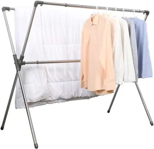 Vista 10 de BAOYOUNI Estante plegable de secado de ropa de acero inoxidable con doble poste, barras expandibles, ahorro de espacio, retráctil, resistente