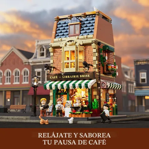Vista 5 de Funwhole Set de Construcción de Café-Librería con Luces LED - Conjunto de Ladrillos de Construcción Modular de Modelo de Casa de Café de Ciudad