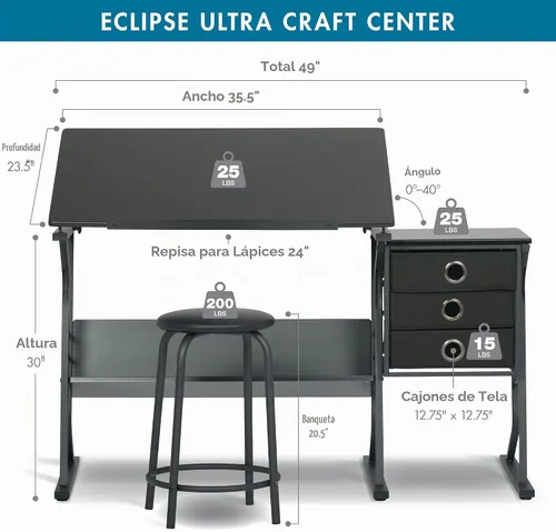 Vista 3 de Eclipse Ultra - Mesa de dibujo con taburete, parte superior ajustable en ángulo, estantes de almacenamiento y cajones de 2 piezas