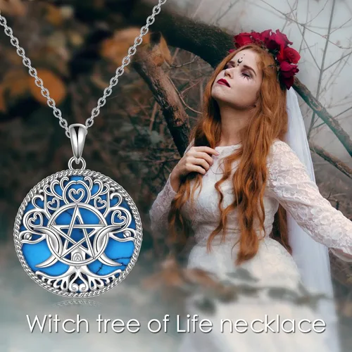 Vista 5 de YFN Collar de diosa de triple luna plata de ley pentagrama pentagrama ópalo pagano wiccano magia amuleto de árbol de la vida joyería para mujeres