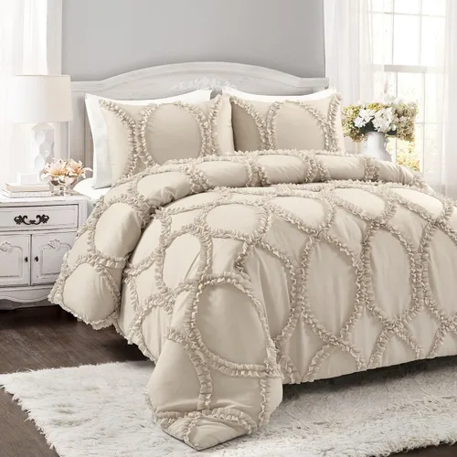 Vista 7 de Juego de edredón Lush Decor Avon, juego de 3 piezas, tamaño Full/Queen, color marfil - Juego de cama romántico estilo granja - Elegante ropa de cama