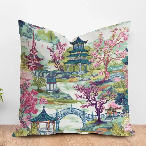 Vista 101 de ArogGeld Funda de cojín con flores verdes y blancas con flores grises y negras y hojas verdes en estilo chinoiserie, funda de almohada cuadrada