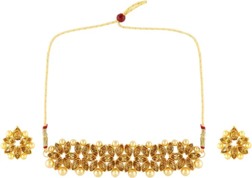 Vista 5 de Efulgenz Juego de collar y aretes de perlas tradicionales de Kundan de imitación de Bollywood indio, Cobre, no conocido