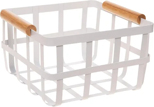 Vista 6 de Simplify Cesta de almacenamiento cuadrada de metal con asas de bambú Mediana Cesta de alambre estilo granja Organizador para el hogar Negro