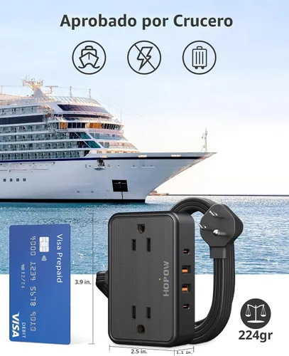 Vista 6 de HOPOW Cable de extensión con enchufe plano, regleta de 6 pies ultra delgada, 4 tomas de CA con amplio espacio y 4 puertos USB (2 USB-C), sin