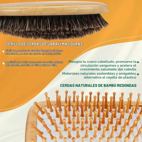 Vista 2 de Sofmild Juego de cepillos de pelo de bambú natural para mujeres, hombres y niños, cepillo desenredante para cabello grueso y rizado y húmedo Negro
