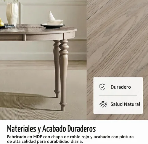 Vista 7 de HULALA HOME Mesa de comedor extensible redonda ovalada de 42 a 60 pulgadas, mesa de comedor extensible de madera de roble vintage con hojas
