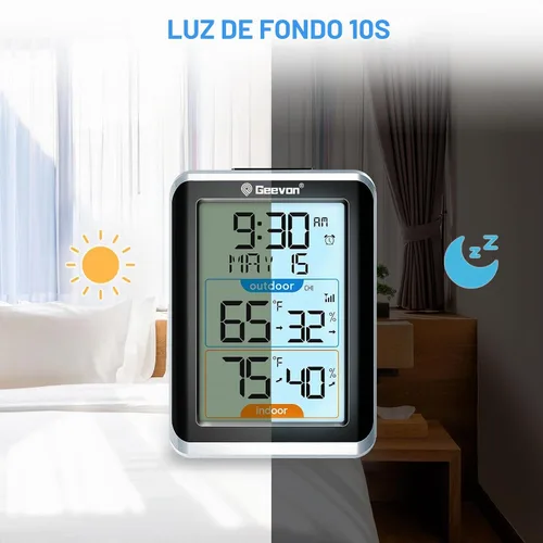 Vista 3 de Geevon Termómetro e higrómetro inalámbrico para interiores/exteriores, sensor digital de temperatura y humedad con hora, reloj, rango de 200 Negro B