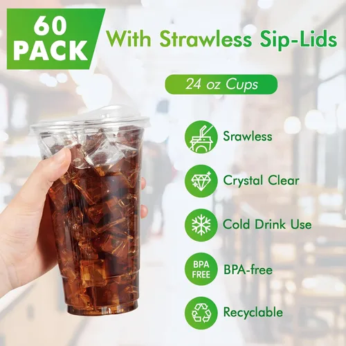 Vista 6 de Lilymicky Paquete de 60 Vasos de Plástico Transparente de 24 oz con Tapas para Sorber Sin Pajita, Desechables, para Café Helado, Batido, Granizado