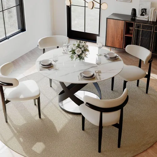 Vista 21 de POVISON Juego de 4 sillas de comedor redondas de lino y algodón con mesa de comedor de vidrio (mesa de comedor de 51 pulgadas + 4 sillas)