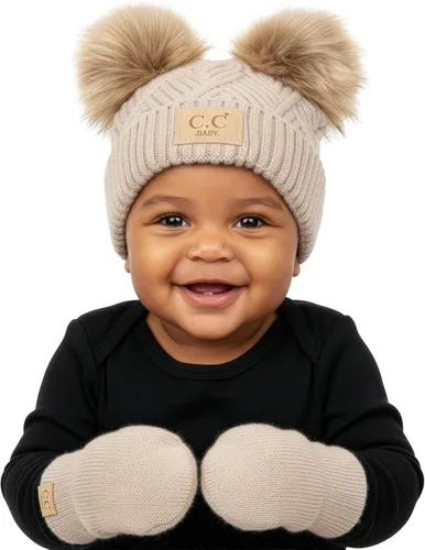 Vista 19 de Funky Junque Conjunto de gorro y mitones con doble pompón de pelo sintético para bebé – Gorro de invierno para recién nacidos de 0–9 meses