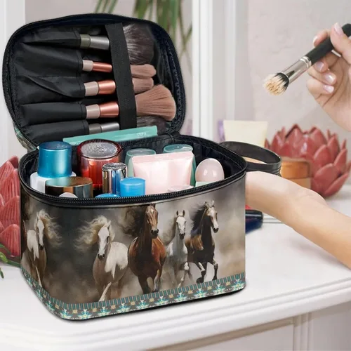 Vista 5 de Flashideas Bolsa de maquillaje para cosméticos Almacenamiento vertical Bolsa de maquillaje de viaje de gran capacidad, Caballo Azteca 1