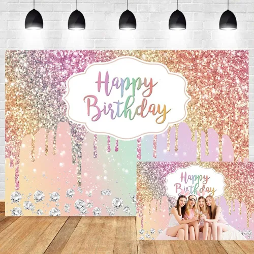 Vista 8 de Telón de fondo de cumpleaños azul con lentejuelas y diamantes con purpurina para mujeres y niñas, decoración de fiesta de cumpleaños, 16, 18, 21