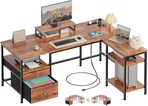 Vista 13 de Furologee Escritorio para computadora en forma de L con toma de corriente, escritorio reversible de oficina en casa para estudio de trabajo, mesa