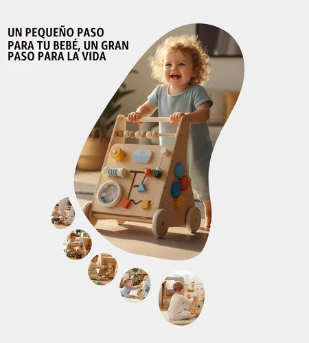 Vista 2 de Andador de madera para bebés, centro de actividades Montessori 8 Andador de bebé con ruedas de velocidad ajustable y almacenamiento trasero, juguete