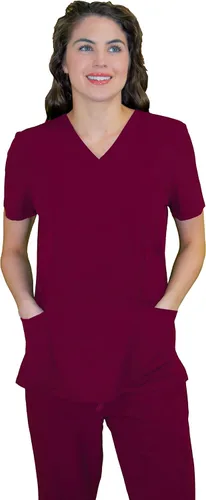 Vista 9 de Green Town Ropa quirúrgica para mujer – Mock Wrap Cuello en V, 3 bolsillos, ligera, tela elástica, fácil cuidado Negro