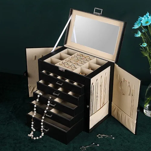 Vista 5 de Frebeauty Joyero grande, organizador de joyas de piel sintética de 6 niveles con cerradura, estuche de almacenamiento multifuncional con espejo