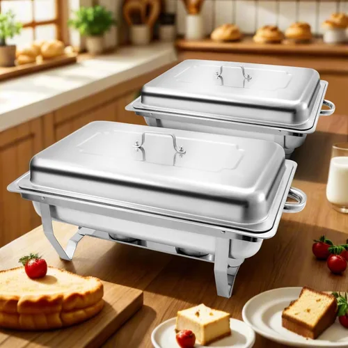 Vista 2 de Juego de 2 Platos Calentadores de Acero Inoxidable de Tamaño Completo de 8 Cuartos de Galón para Buffet, Juego de Calentador Rectangular Plateado
