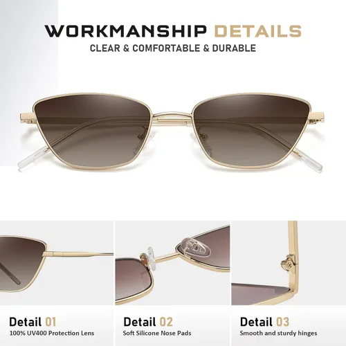 Vista 3 de Gafas de sol vintage pequeñas ojo de gato moda estrecha marco de metal rectángulo gafas de sol 100% protección UV CL22009