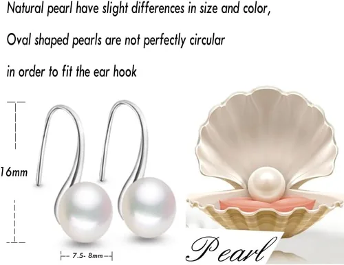 Vista 3 de Aretes colgantes de plata de ley 925 seleccionados a mano AAA+ de 7.5 a 0.315 in, perlas cultivadas de agua dulce blanca, joyería para mujeres