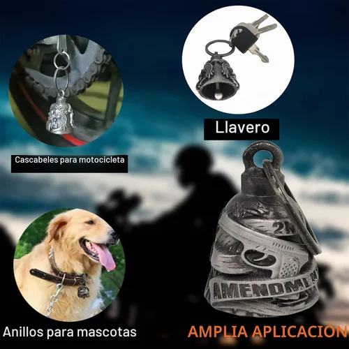 Vista 4 de Dream Apparel Campanas de motocicleta para motociclistas, accesorios de campanas pesadas y llavero para la suerte Segunda enmienda