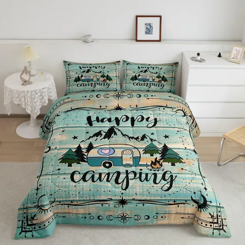 Vista 19 de Erosebridal Juego de edredón de cabaña de cabaña, juego de ropa de cama individual para niños, edredón de campamento con temática de campamento