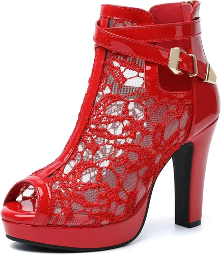 Vista 16 de Susanny Botas de tacón alto para mujer, Botas de plataforma con tacón sexy de puntera redonda con agujetas, tacón alto, botas de media pantorrilla