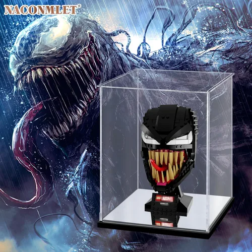 Vista 5 de Vitrina de acrílico transparente premium con iluminación LED – Escaparate a prueba de polvo con protección UV para máscara Lego Venom 76187, cascos