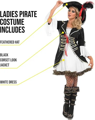 Vista 2 de fun shack Pirate Costume Women's Deluxe Buccaneer Outfit with Corset Jacket, Dress, Hat