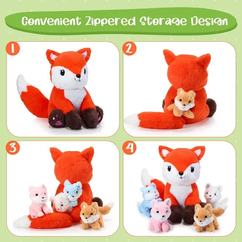 Vista 5 de HyDren Juego de 5 juguetes de peluche de zorro de 14 pulgadas con 4 lindos zorros de peluche en el abdomen, suaves peluches de zorro para baby