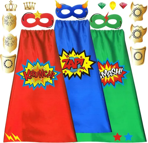 Vista 2 de ADJOY Capas y máscaras de superhéroe para niños con calcomanías decorativas, disfraz de superhéroe para fiesta de cumpleaños, capas rojas, verdes