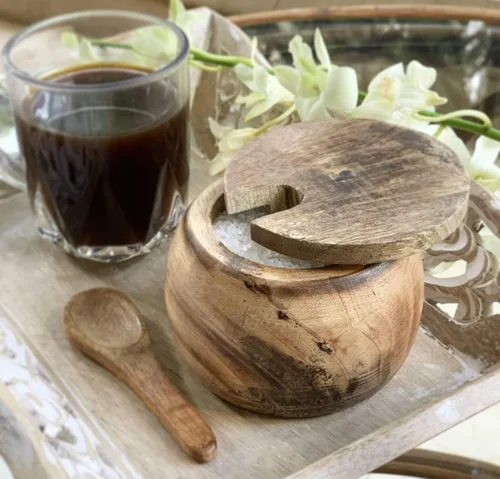Vista 7 de Azucarero decorativo de madera rústica y cuchara con tapa de boca ancha para dulces y especias para condimentos, frutos secos, recipiente