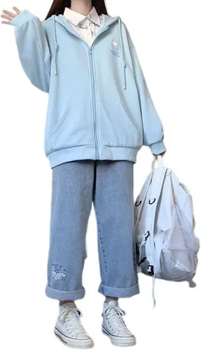 Vista 6 de Sudadera con capucha japonesa Harajuku Y2K Kawaii con cremallera para niñas, Azul