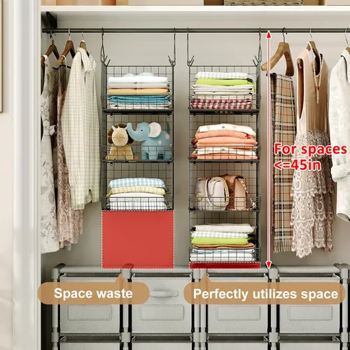 Vista 4 de Organizador Colgante de Closet de 4 Niveles, Organizadores de Closet y Almacenamiento con 5 Ganchos en S, Estantes Colgantes de Closet y Cestas