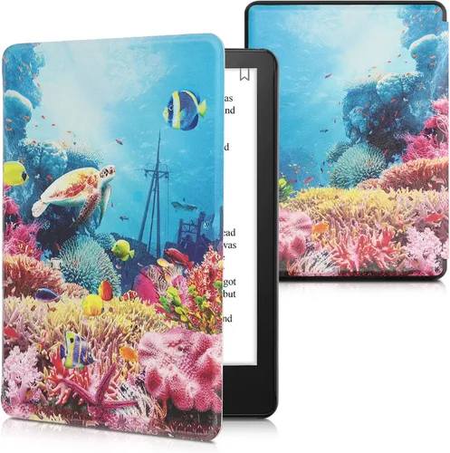 Vista 21 de kwmobile Funda compatible con Amazon Kindle Paperwhite 11. Generación 2021 - Funda para lector electrónico - Libros y páginas Beige/Marrón/Dorado