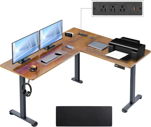 Vista 10 de 63” L Shaped Standing Desk with Charging Station,Supports Left and Right Swapping,Electric Height Adjustable Corner Stand Up Desk.Free Hook