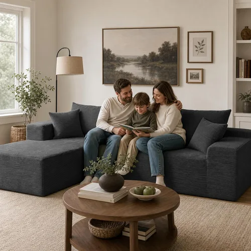 Vista 7 de Sofás seccionales negros para sala de estar, sofá sin estructura rígida con chaise en forma de L, sofá modular en caja con asiento profundo,