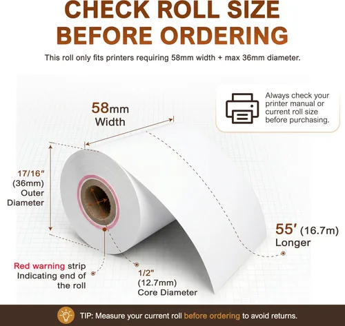 Vista 2 de Rollo de papel de recibo para impresora térmica portátil móvil de 2.283 in (paquete de 20 rollos)