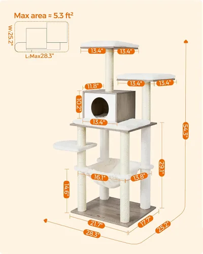 Vista 6 de Feandrea Árbol para gatos, torre moderna de 54.3 pulgadas para gatos de interior, condominio para gatos de varios niveles, felpa ultrasuave, postes