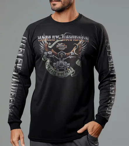 Vista 2 de Harley-Davidson Military - Camiseta negra de manga larga Eagle Graphic para hombre - Kadena Air Base Eagle Ride