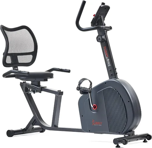 Vista 2 de Sunny Health & Fitness Bicicleta estática reclinada inteligente, asiento con cojín ajustable y respaldo de malla para entrenamiento en casa