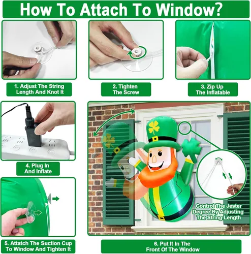 Vista 3 de TURNMEON Decoraciones inflables para el día de San Patricio de 3.5 pies, duende inflable que sostiene el trébol de trébol fuera de la ventana