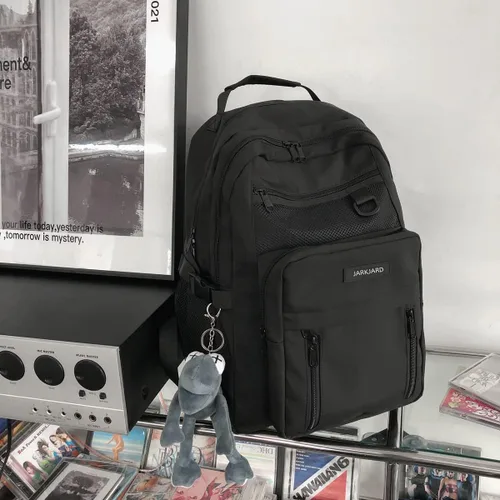 Vista 6 de Bonita mochila estética para la escuela con bonito colgante, mochila casual para estudiantes de medio viaje, universidad, Negro -, Grande, Mochilas