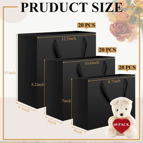 Vista 2 de Lincia 60 bolsas de papel negras con asas, tamaños surtidos grandes de 11 pulgadas, medianas de 8 pulgadas, pequeñas 7 pulgadas, bolsas de regalo