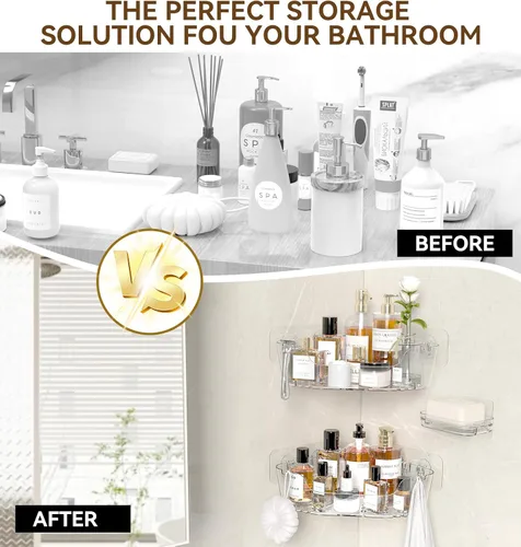 Vista 2 de Organizador esquinero para ducha, paquete de 3 unidades, acrílico transparente Large Capacity, Corner Shower Shelves with Soap Holder and Hooks