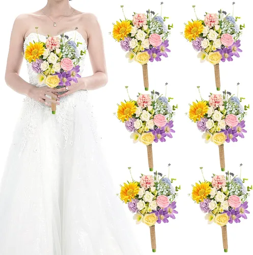 Vista 7 de Ramos de novia bohemios para boda, ramos de 9 pulgadas de flores artificiales para decoraciones de centro de mesa de ceremonia y aniversario, rosas